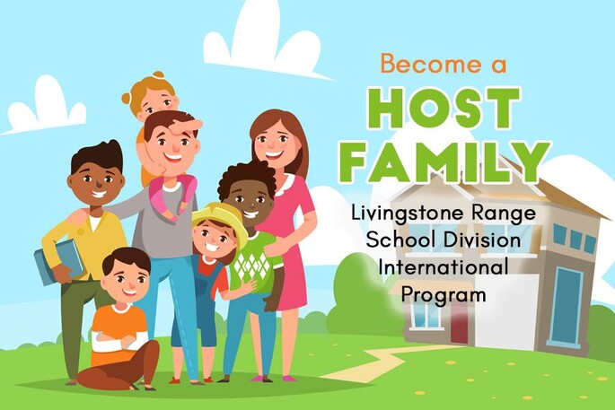 Illustrated family outside home with international exchange students